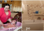 mama kąpie córkę w wanience, obok łazienka w nowym mieszkaniu